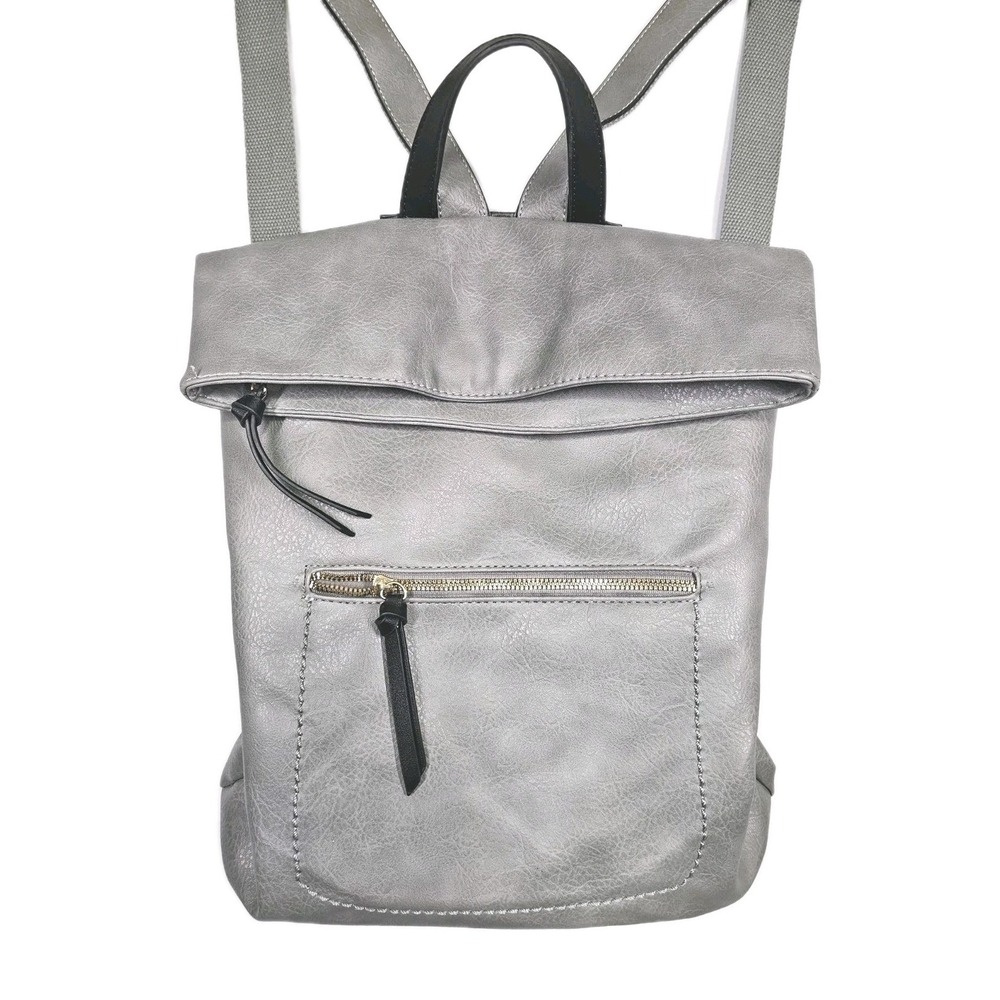 Grey Faux Leather Fold Over Bucket Shoulder Convertible Backpack Purse 6 Pocket - Picture 1 of 10